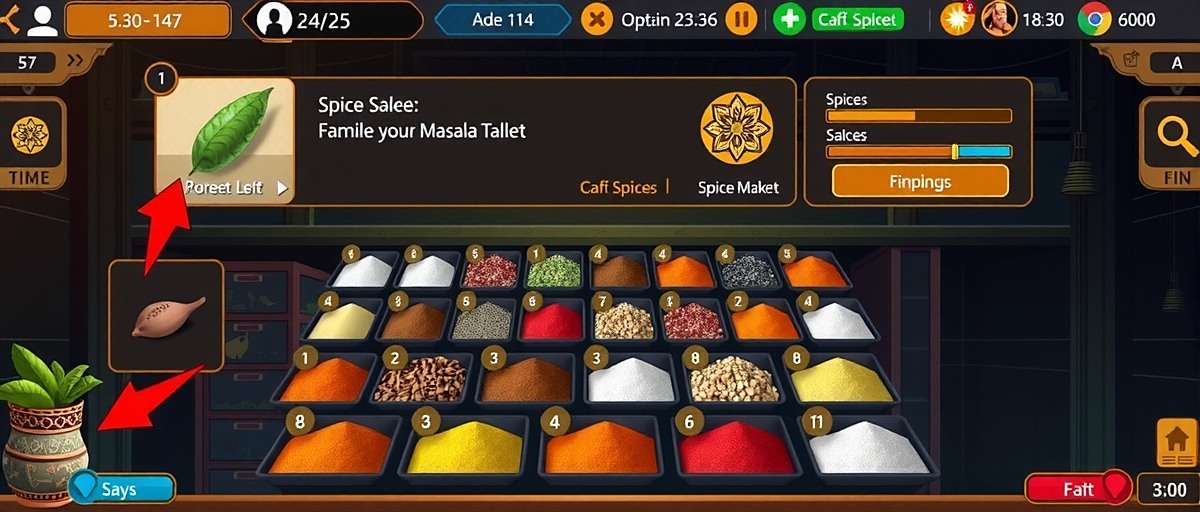 Masala Quest gameplay showing a virtual spice market with various Indian spices displayed